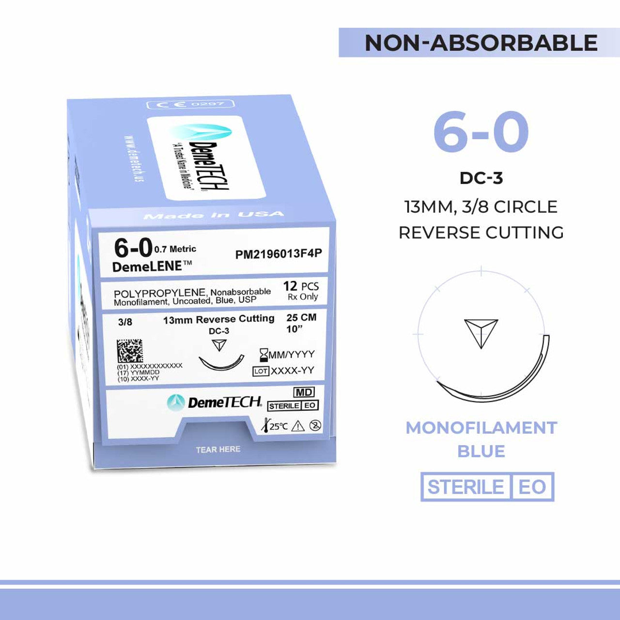 Polypropylene, 6-0, 10", DC-3 Non-Absorbable Suture, Reverse Cutting, Blue 12/Box