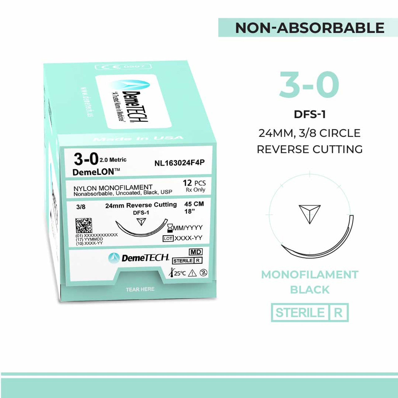 Nylon Monofilament, 3-0, 18", DFS-1 Non-Absorbable Suture, Reverse Cutting, Black 12/Box