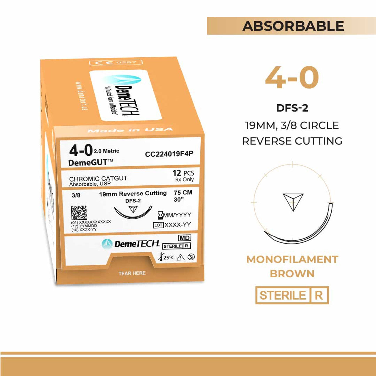 Chromic Gut, 4-0, 30", DFS-2 Absorbable Suture, Precision Point Reverse Cutting, Brown 12/Box