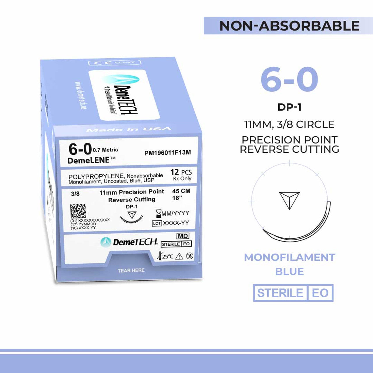 Polypropylene, 6-0, 18", DP-1 Non-Absorbable Suture, Precision Point Reverse Cutting, Blue 12/Box