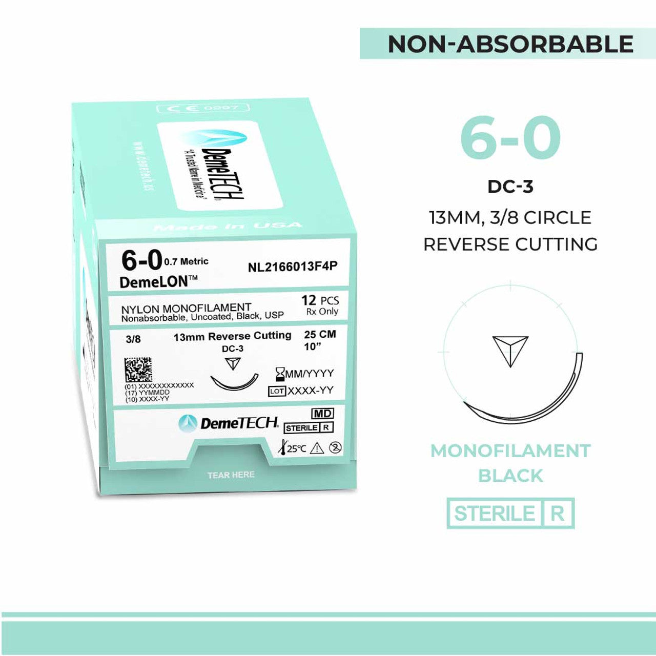 Nylon Monofilament, 6-0, 10", DC-3 Non-Absorbable Suture, Reverse Cutting, Black 12/Box